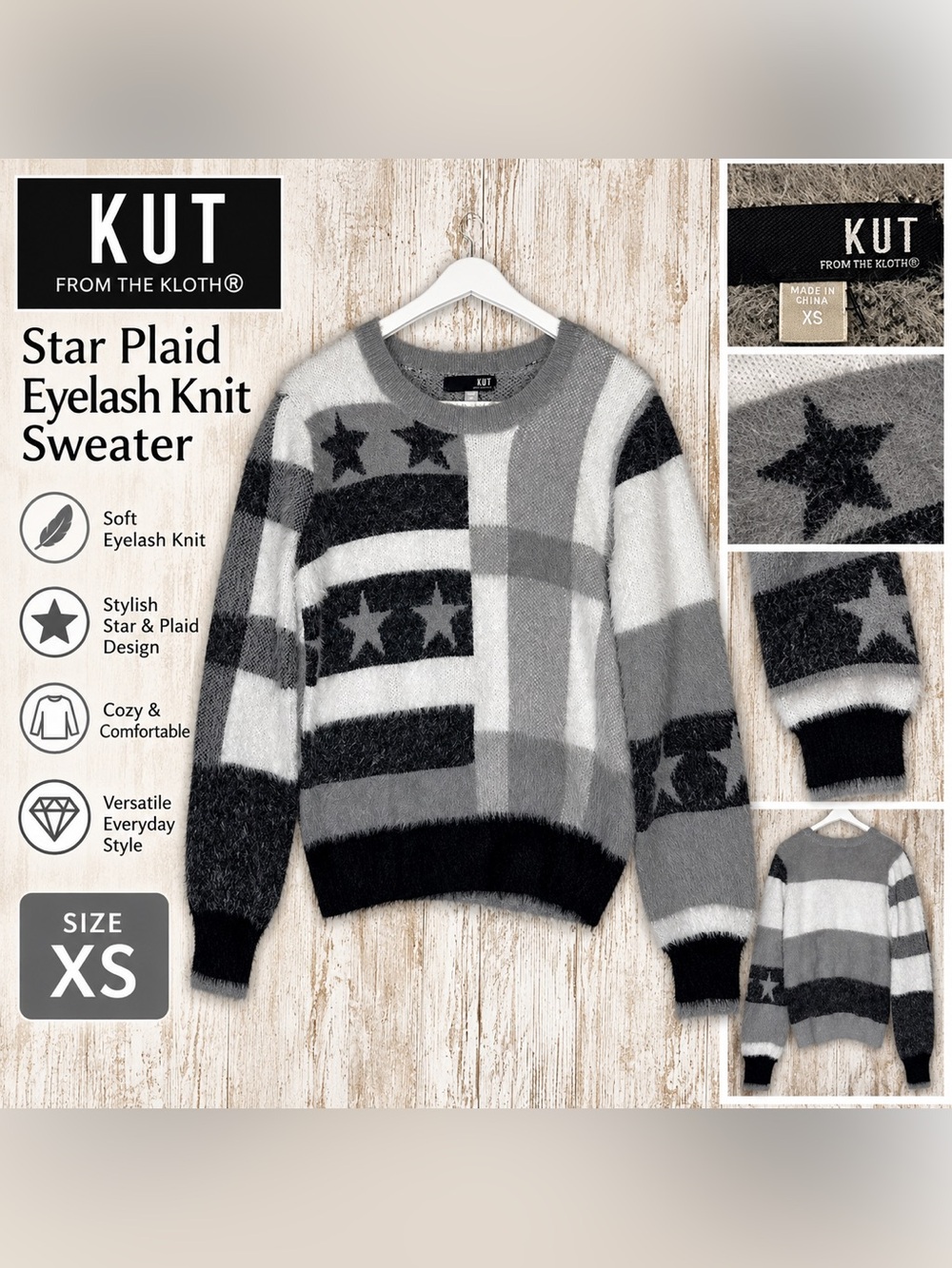 KUT From The Kloth Star Plaid Eyelash Knit Sweater Gray Women’s Size XS